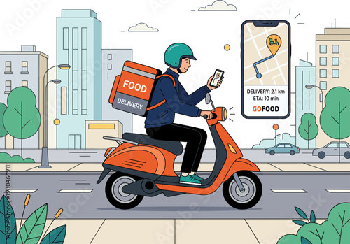 Food delivery courier riding scooter in urban environment, checking order on mobile navigation app