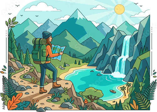 An adventurous traveler consults a map on a winding mountain trail, surrounded by a majestic landscape featuring towering peaks, a serene lake, and a beautiful cascading waterfall under a bright sun