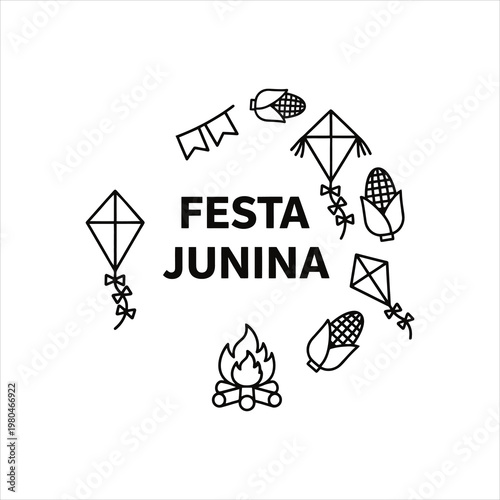Festa Junina Festival Elements Kites Corn Campfire Line Art Vector Illustration