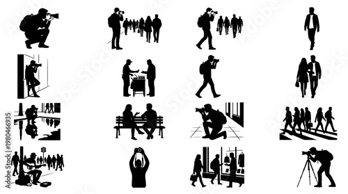 Black  White Silhouette Vector Art of Urban People, Photographers, and City Life Scenes
