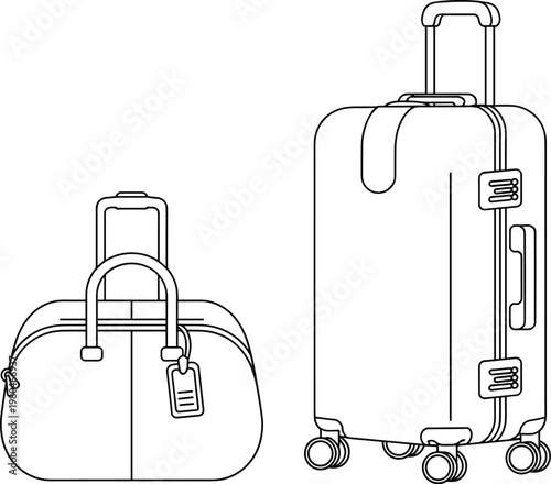 Flat vector line drawing luggage illustration, duffel bag suitcase travel gear sketch