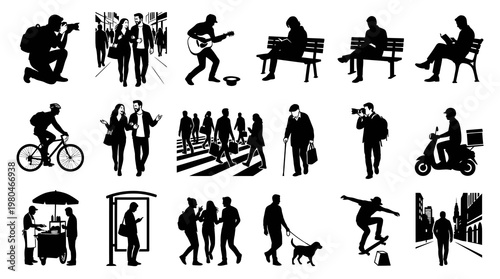 Diverse City Life Silhouettes Vector Set: People Engaged in Daily Activities - Black  White