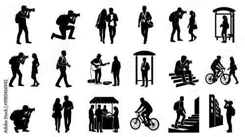 Black  White Vector Silhouettes: People, Photographers, Cyclists, Urban  Lifestyle Scenes