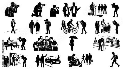 Black and White Silhouette Vector Set of Urban People, Lifestyle and Photography Activities