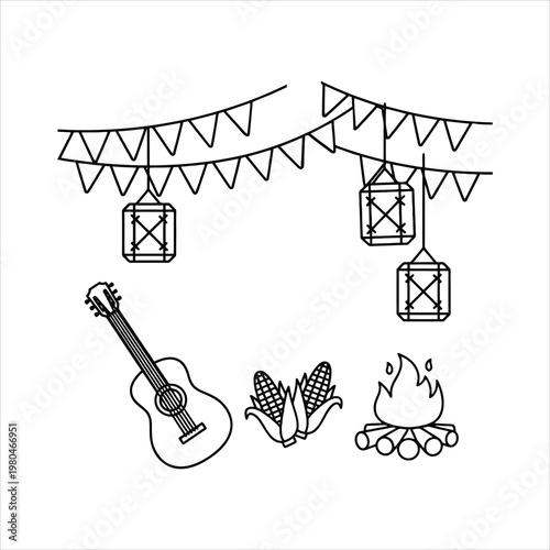 Festa Junina Lantern Guitar Corn Bonfire Festival Line Art Vector Illustration