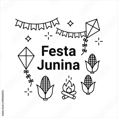 Festa Junina Festival Elements Corn Kites Bonfire Line Art Vector Illustration