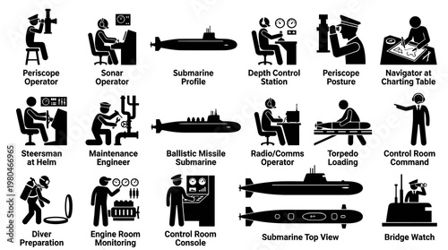 Black and White Icons of Submarine Operations and Personnel, Vector Art