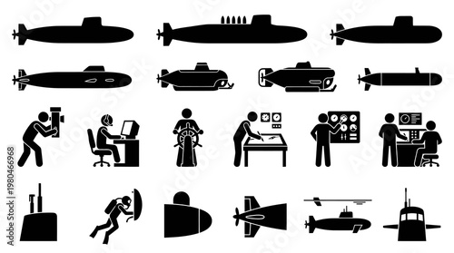 Submarine and U-boat Naval Operations Glyphs - Underwater Vessel, Crew, and Equipment Icons