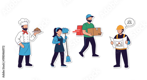 Occupational sticker set featuring a chef, a cleaner, a delivery man, and an architect in their respective work uniforms.