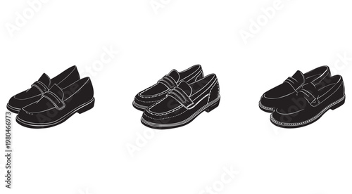 Black and white line drawing of three pairs of loafers with tassels on white background