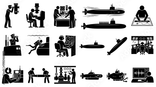 Naval Submarine Operations Glyph Icons Set. Military Crew, Control, Diving, and Underwater Vehicle Vector Silhouettes.