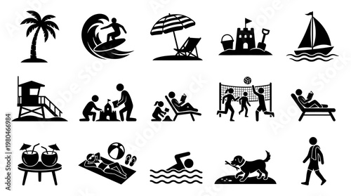 Beach Vacation Icons: Palm Tree, Surfer, Umbrella, Sandcastle, Sailboat, Lifeguard