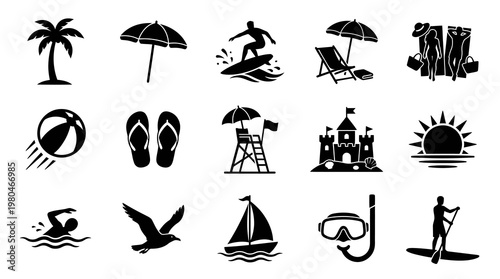 Beach and Summer Travel Glyph Icons Set - Vacation, Leisure, Recreation Solid Black Vector Symbols