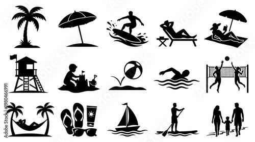 Summer Beach Vacation Travel Recreation Icons Set. Black Solid Glyph Silhouette Vector Art.