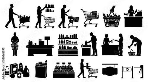 Supermarket Shopping Silhouettes: Retail Groceries  Shoppers Glyphs Icon Set