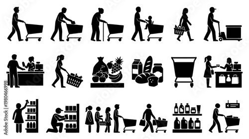 Black and white grocery store shopping icons, people and products