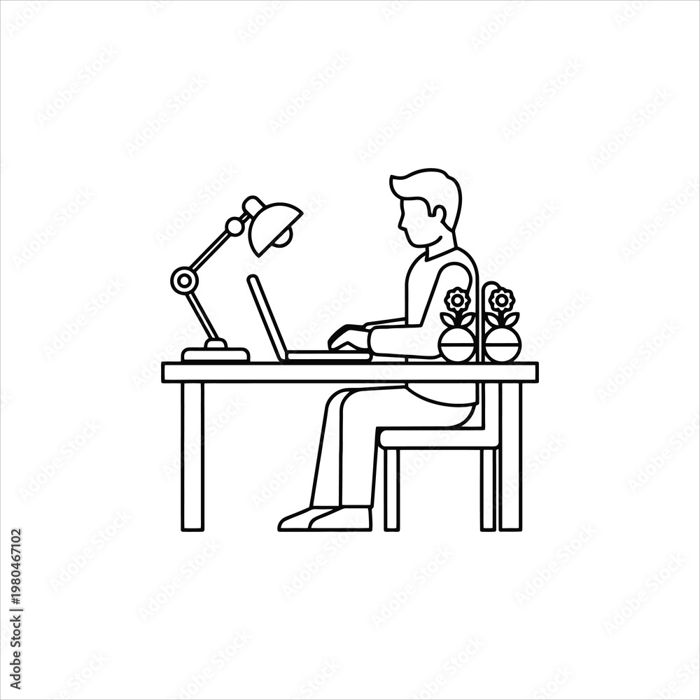 Fototapeta premium Man Working Laptop Desk Lamp Plant Minimal Line Art Vector Illustration