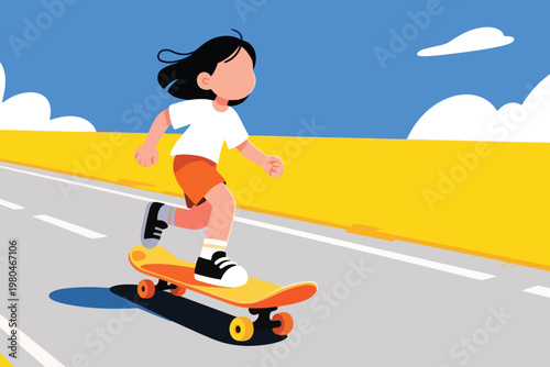 Illustration Of A Little Black-Haired Skateboarding Girl Gliding Down A Deserted Street Vector Design Template