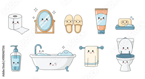 Adorable set of bathroom objects including a toilet, bathtub, mirror, and soap with cute faces in a kawaii style.