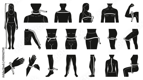 Body measurement icons for tailoring and fashion industry, black and white glyphs