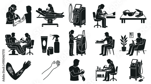 Tattoo Removal Laser Treatment Medical Icons Black and White Set