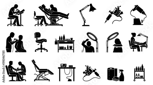 Tattoo Studio Icons: Tattoo Artist, Machine, Chair, Supplies, Lamp