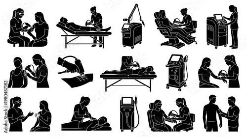 Medical spa treatment icons, black and white glyphs