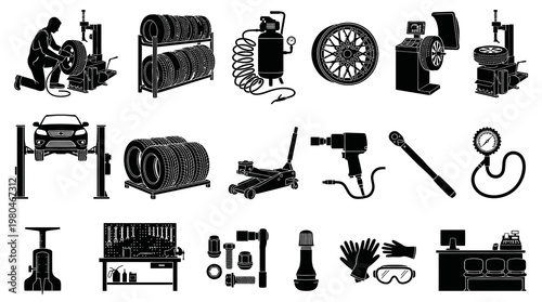 Automotive Car Repair Service Garage Tools Equipment Black White Glyph Vector Icons Set