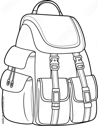 Flat vector line drawing backpack illustration, fashion accessory design sketch
