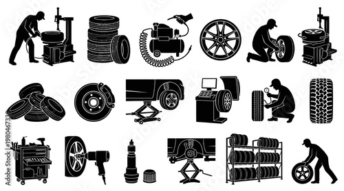 Automotive Car Tire Service  Repair Vector Glyph Icons Set: Mechanic, Wheels, Shop Tools