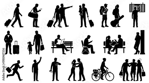 People Silhouettes: Travelers, Commuters, and Public Life Vector Glyphs for Travel  Transport