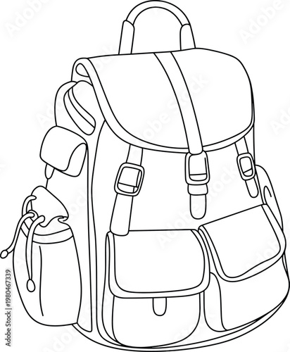 Flat vector line drawing backpack illustration, fashion accessory design sketch compartments