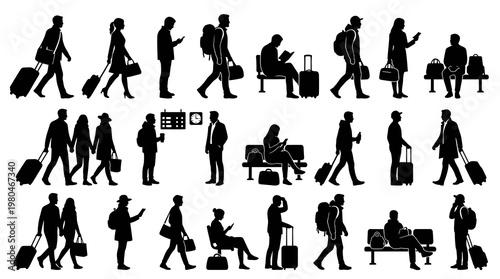 Travel Passengers Silhouette Vector Icons - Airport People with Luggage Set