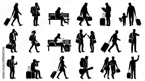 Travelers Silhouettes Collection: People with Luggage  Backpacks at Airport - Black  White Glyph Set