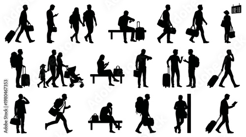 Travelers and Passengers Silhouettes Icons Set - Airport, Public Transport  Luggage