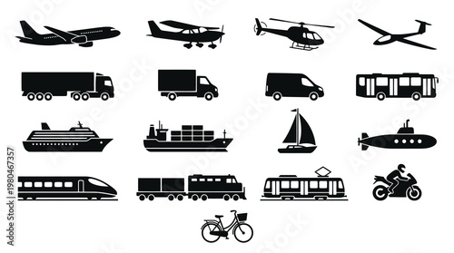 Transportation Vehicles Glyph Icons Set - Air, Land, Sea Transport Silhouettes