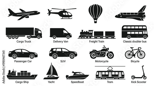 Black  White Icons of Transportation Vehicles: Cars, Trains, Planes, Ships