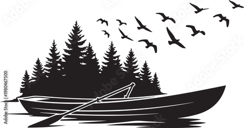 Black boat, pine trees, birds vector silhouette, lake scene, outdoor icons