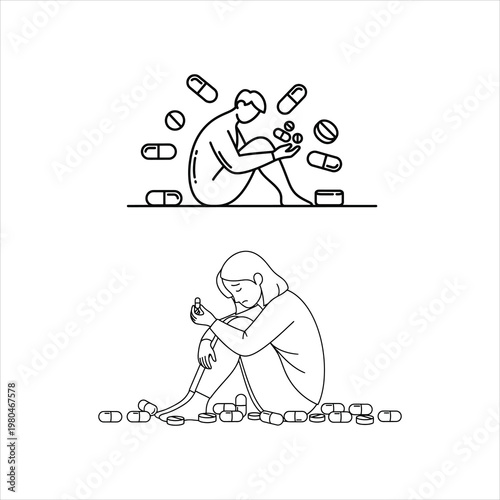 Medicine Abuse Addiction Concept Pills Mental Health Line Art Vector Illustration