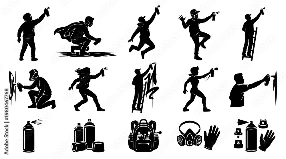 Obraz premium Graffiti Art Black White Silhouettes Spray Paint People Objects