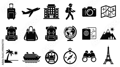 Travel and Tourism Glyph Icons Set. Global Vacation and Exploration Symbols.
