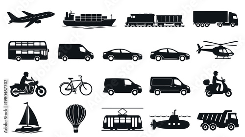 Global Transportation Modes Black Silhouette Glyph Icons Collection