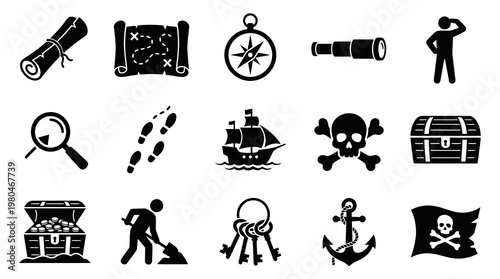 Pirate Treasure Hunt Adventure Glyph Icons Set - Map, Ship, Skull, Chest, Compass, Anchor Symbols