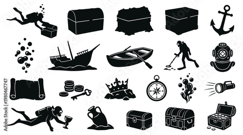 Treasure Hunting  Underwater Exploration Icons - Adventure Discovery Black Silhouettes Set