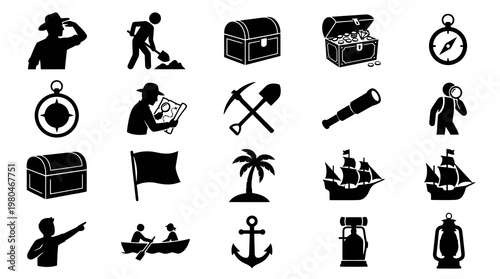 Adventure, Treasure Hunt  Exploration Icons Set - Solid Black Glyph Symbols Collection