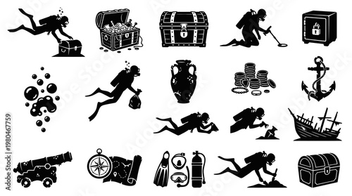 Black  White Glyph Icons: Underwater Treasure Hunting, Scuba Diving  Marine Adventure