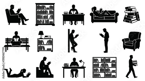 Education  Reading: Black  White Silhouette Icons of People, Books  Library