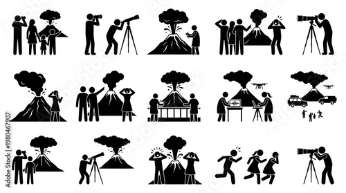 Volcano Eruption Glyph Icons: Observation, Research, and Natural Disaster Reaction