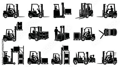 Industrial Logistics Forklifts and Material Handling Black White Glyph Icons Set