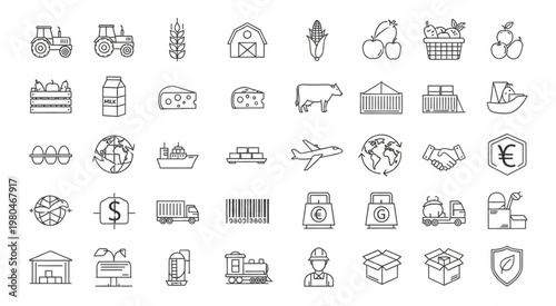 Collection of various farming and agricultural icons representing different aspects of the industry.